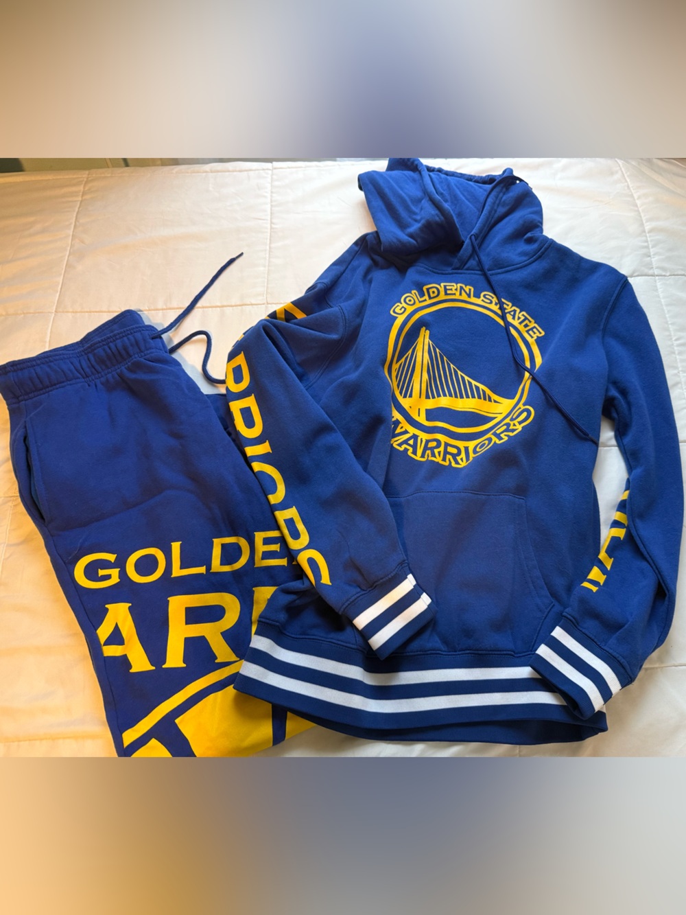 NBA Golden State Warriors Curry Sweatsuit Mens Blue gold fleece joggers and hood